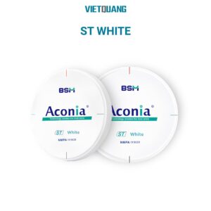 Phôi zirconia Aconia ST White độ bền 1000–1200 MPa, độ trong mờ 42–45%